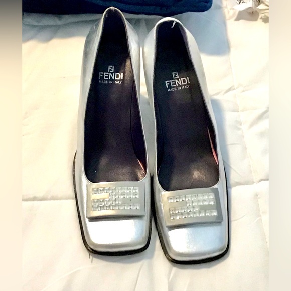 FENDI silver heels with diamond studded Logo - Picture 1 of 9